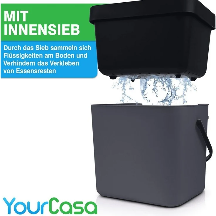 YourCasa Biomülleimer Küche 7L mit Halterung, Sieb und Deckel, 7 Liter, Mit Halterung – Bild 2