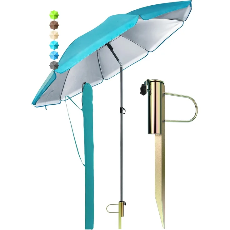 4smile Sonnenschirm Strand SunnyJoy, Türkis – 3er Set inkl. Strandschirm windfest stabil, Rasendorn Sonnenschirmhalter, Schirmhülle – Sonnenschirm mit Rasendorn, Schirmspieß für Garten