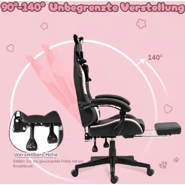 Dowinx Gaming Stuhl - Süße Katze Edition - Ergonomischer Computerstuhl mit Hoher Rückenlehne und Lendenwirbelstütze, PU-Leder, Fußstütze, Schwarz – Bild 8
