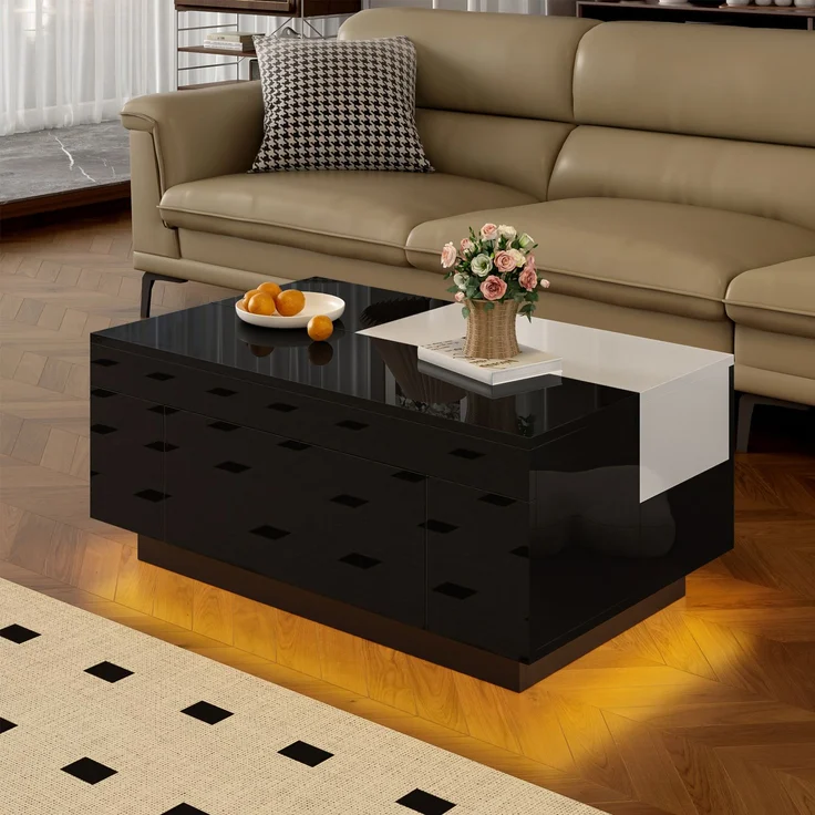 Merax Hochglanz-Couchtisch mit LED-Beleuchtung, ausziehbarer Tischplatte, verstecktem Stauraum und 16-farbig einstellbarem Lichtband, schwarz – Bild 5