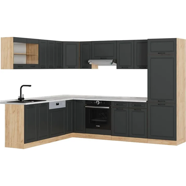Eckküche R-Line Anthrazit Landhaus/Goldkraft Eiche 287 x 60 cm , AP Marmor Vicco