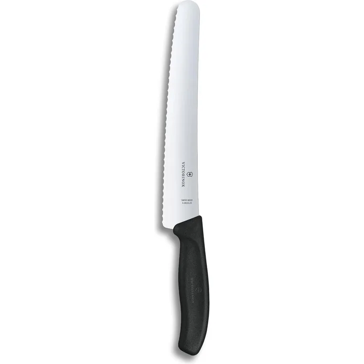 Victorinox Swiss Classic Brotmesser mit Wellenschliff, 22 cm Klinge, Rund, Rostfrei, Edelstahl, Spülmaschinengeeignet, Geschenkbox, schwarz