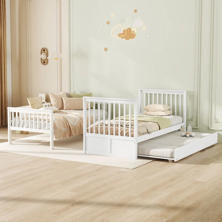 Etagenbett 90x200 cm mit Ausziehbett und Treppe, Kinderbett mit hoher Absturzsicherung,abnehmbares Massivholzbett mit stabilem Rahmen,Weiß – Bild 2