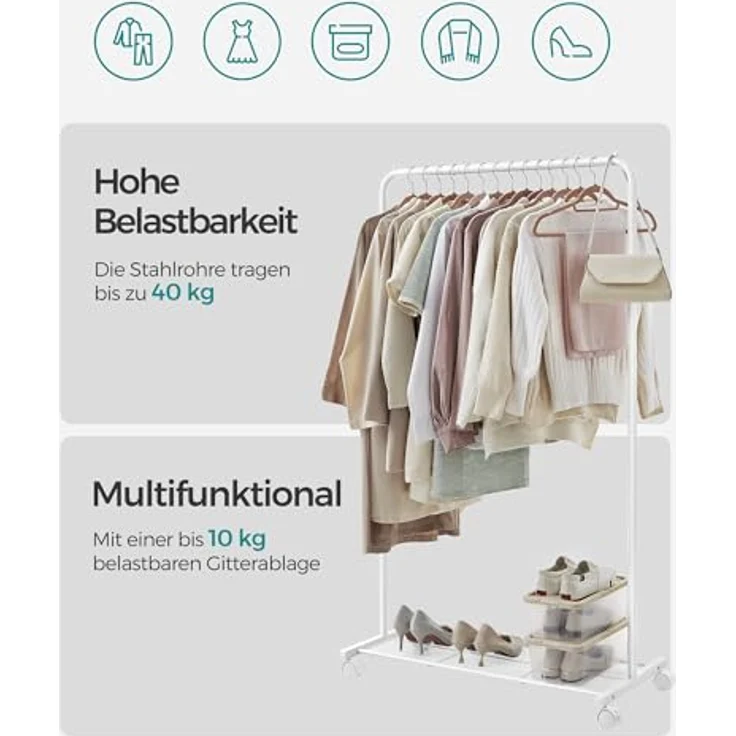 SONGMICS Kleiderständer, Kleiderstange auf Rollen, Garderobenständer Metall, Rollgarderobe 91 cm breit, mit Ablage, 2 Rollen mit Bremse, Stange bis 40 kg belastbar, weiß HSR025W01 – Bild 4
