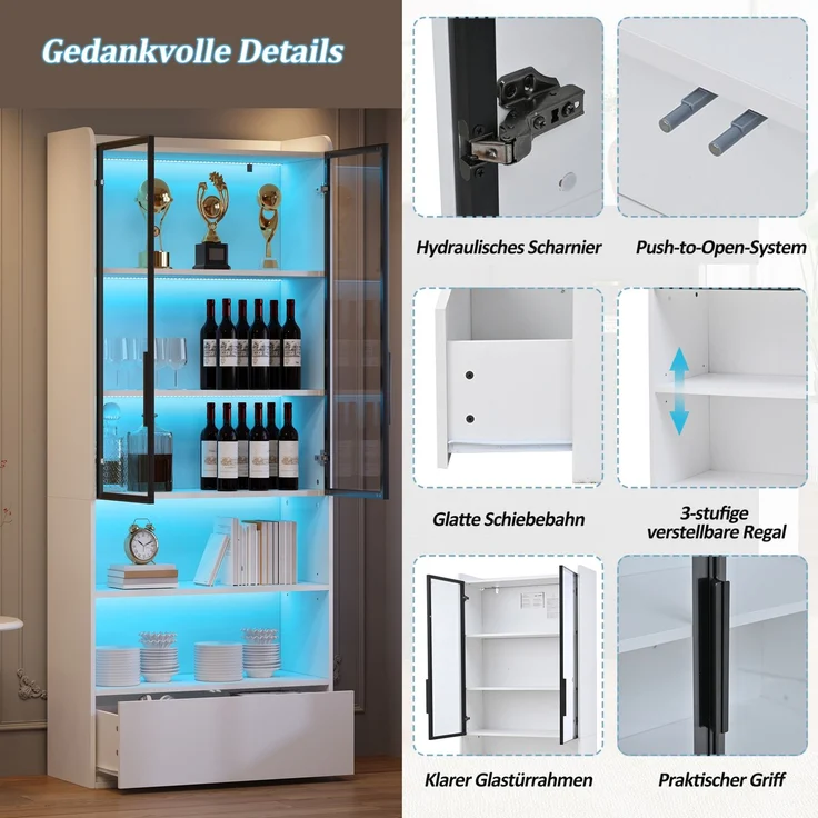 DESVIAE Vitrine mit LED-Beleuchtung und Schublade, MDF und Glas, Weiß, 80x180x34 cm – Bild 4