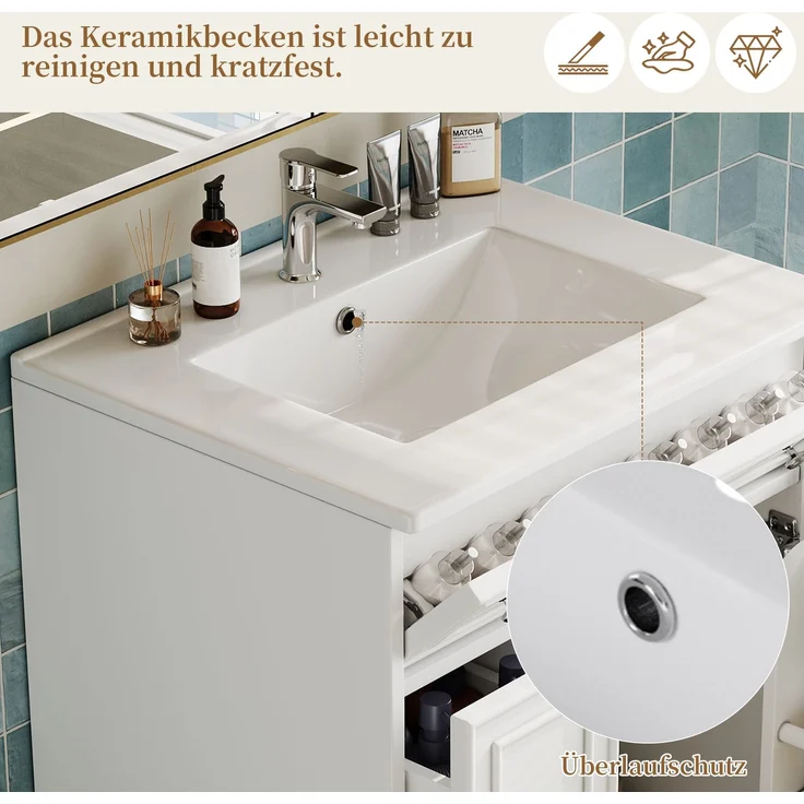 Bad-Waschtisch 61 x 47 x 87 cm, Weiß, mit Keramikbecken und Schubladen – Bild 7