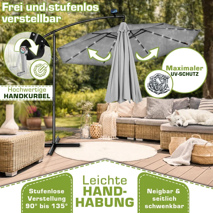 tillvex Alu Ampelschirm Grau LED Solar Ø 300 cm mit Kurbel | Sonnenschirm mit An-/Ausschalter | Gartenschirm UV-Schutz Aluminium | Kurbelschirm mit Ständer Marktschirm wasserdicht – Bild 3