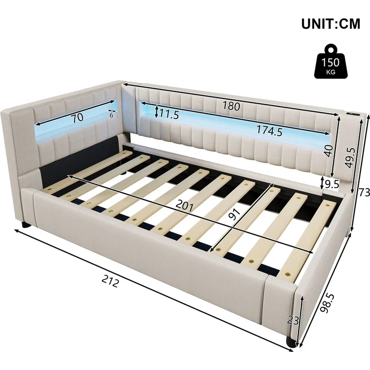 Rayofly-Leinen Daybett H200cm x T90cm x B90cm, Tagesbett Schlafsofa, LED-Lichtleiste am Fußende, hydraulischer Stauraum, USB & Type-C Anschluss, ohne Matratze, Beige – Bild 9