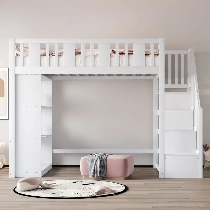 Bett 90x200 cm Hochbett mit Stauraumtreppe aus Kiefernholz, weiß – sicher & platzsparend