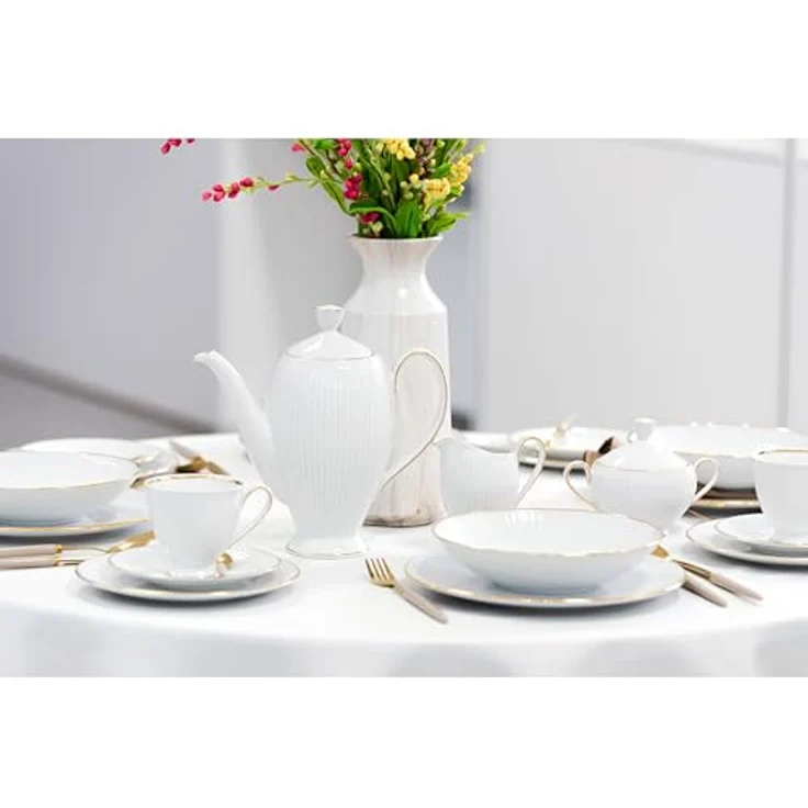 Creatable Tafelservice Valencia, 12-teiliges Geschirrset aus Keramik, Weiß und Gold, handbemalt, lebensmittelecht, stapelbar – Bild 6