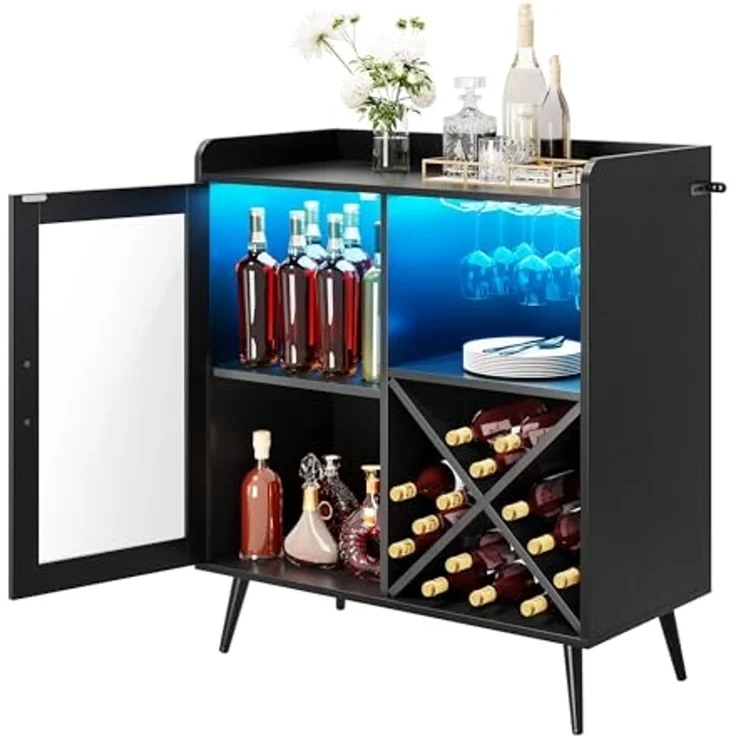 YITAHOME Kleiner Barschrank mit LED-Lichtern, Acryltür & Weinregal, Kaffeebar mit Getränkehaltern, Sideboard für Hausbar, Esszimmer, Wohnzimmer oder Küche, Schwarz – Bild 1