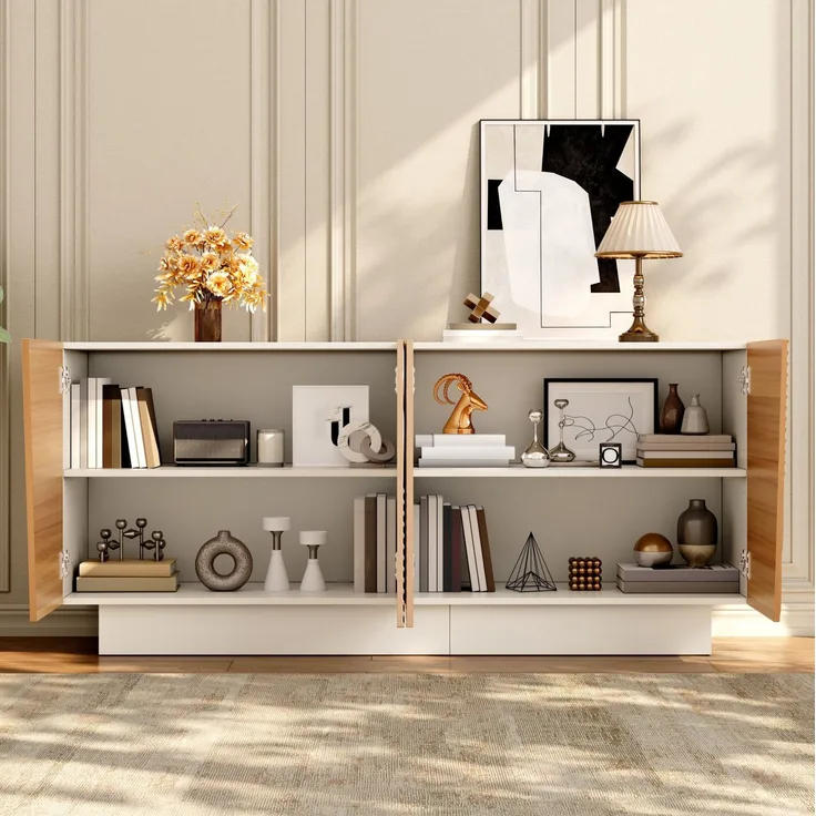 Sideboard aus MDF und PB mit 4 Türen, Rillenstruktur und höhenverstellbaren Einlegeböden, 160x40,5x72 cm, Natur/Weiß