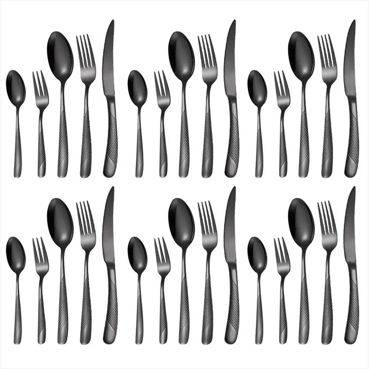 KingLux Besteck-Set 30 Teilig Edelstahl Besteck Set für 6 Personen Schwarz gehämmertes (30-tlg), 6 Personen, Edelstahl