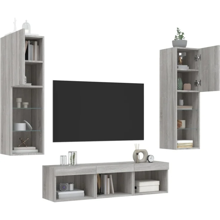 vidaXL 5-tlg. Wohnwand mit LED-Beleuchtung Grau Sonoma Holzwerkstoff 3216609 – Bild 3
