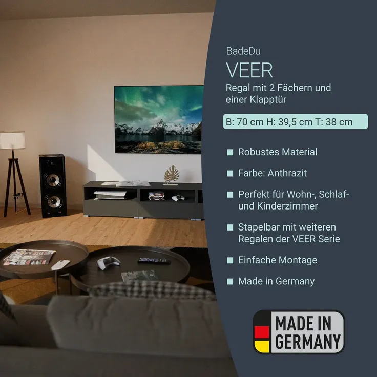 BADEDU VEER Regal 70 cm breit, Anthrazit, 2 Fächer mit Tür – Bild 2