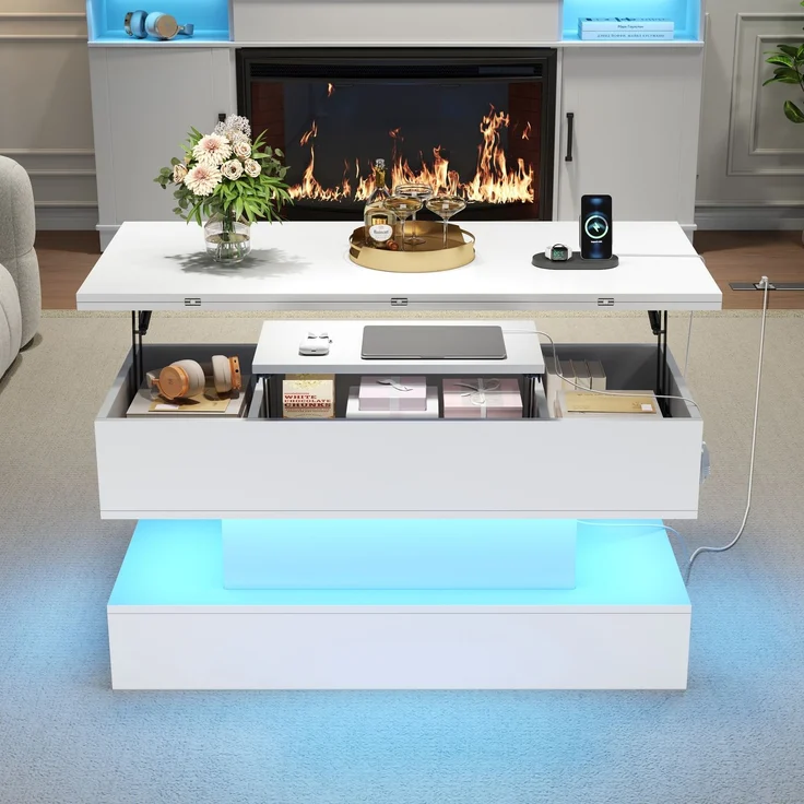 Couchtisch Weiß mit Hebefunktion, 100 x 50 x 51,5 cm, ausziehbar,LED-Licht steuerbar per App, USB- und Typ-C-Steckdose – Bild 4