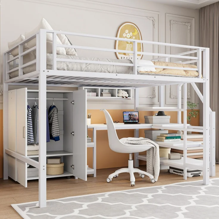 Hochbett 140 × 200 cm, integrierter Schreibtisch, Kleiderschrank, offene Regale und Ablageleiter, platzsparendes Design, Weiß – Bild 3