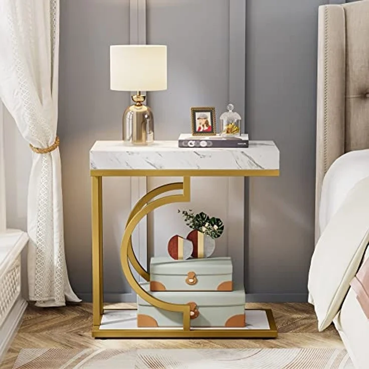 LITTLE TREE Schmaler Beistelltisch, C-förmig, moderner Nachttisch, Kleiner rechteckiger Beistelltisch für Sofa und Couch mit Metallgestell für das Wohnzimmer, Kunstmarmor Weißgold – Bild 5