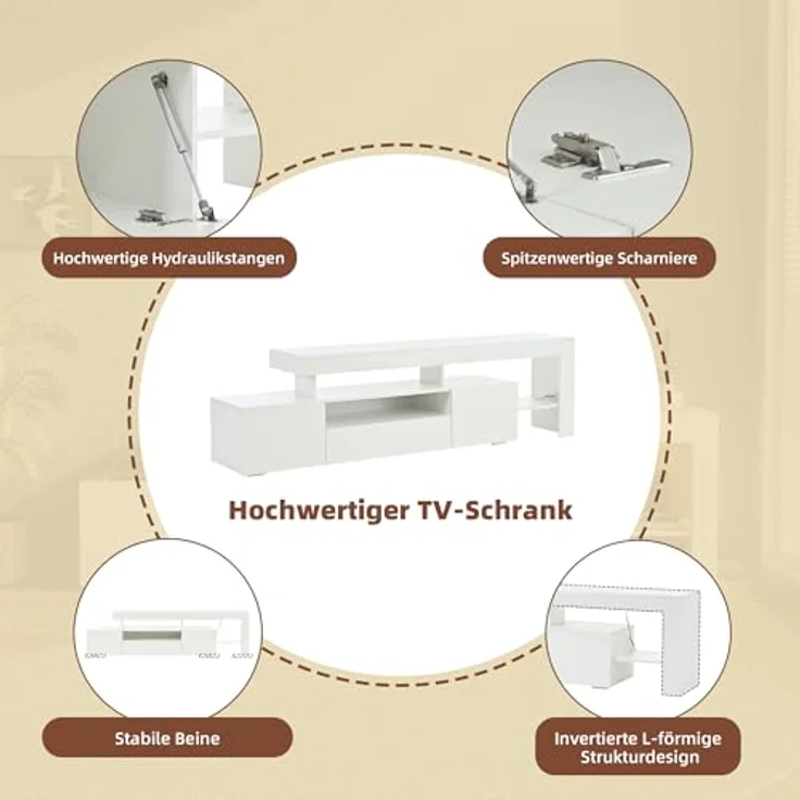 Ball & Cast TV Schrank (192×37×53cm) mit 3 Schränke, Fernseher Tisch Geeignet für Fernseher Um 85 Zoll, Bequeme Montage, Weiß – Bild 5