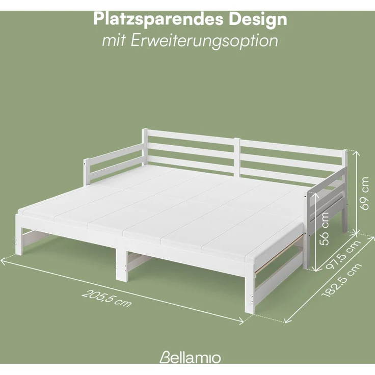Bellamio 'Ayr' Tagesbett inkl. Lattenrost, 90x200/180x200 cm, Massivholz Kiefer, weiß, mit ausziehbarem Gästebett – Bild 7