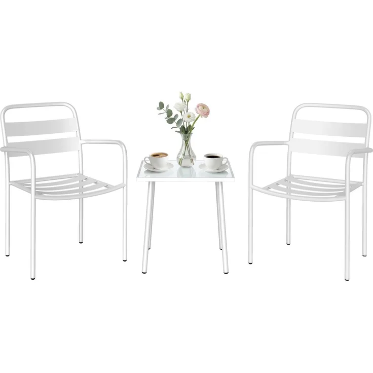 Bistroset 3 teiliges Metall Gartenmöbel-Set mit 2 Gartenstühlen, Glastisch, Lamellen-Design, Rostbeständig--Weiß--82x58x55cm--YOUDENOVA
