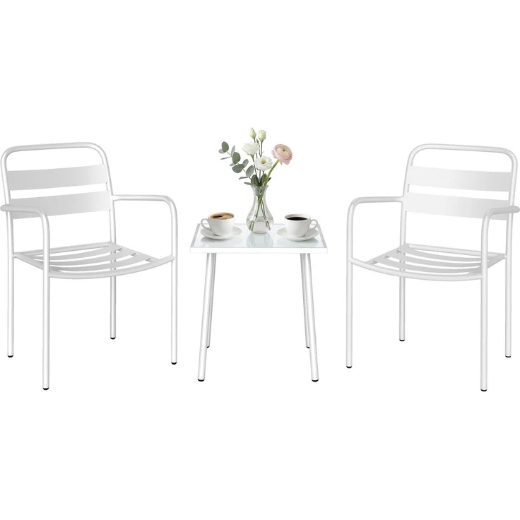 Bistroset 3 teiliges Metall Gartenmöbel-Set mit 2 Gartenstühlen, Glastisch, Lamellen-Design, Rostbeständig--Weiß--82x58x55cm--YOUDENOVA – Bild 1