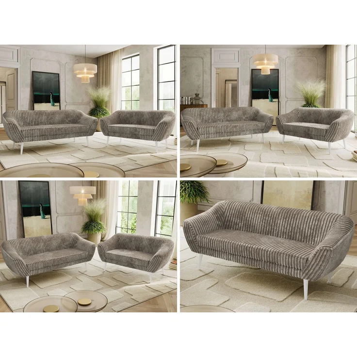 Skandinavisches Sofa Set PIRS 3-2, Komplettset, Wellenfederung, weiße Füße, Sitzgruppe, Polstermöbel Set - Hellbraun Cord – Bild 2