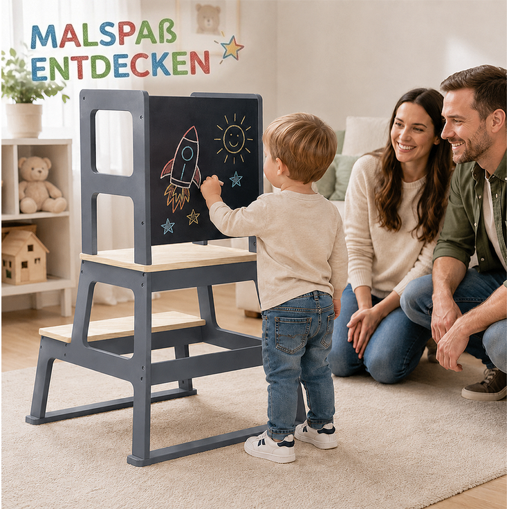 Baby Vivo Lernturm aus Holz - Mit Tafel in Grau