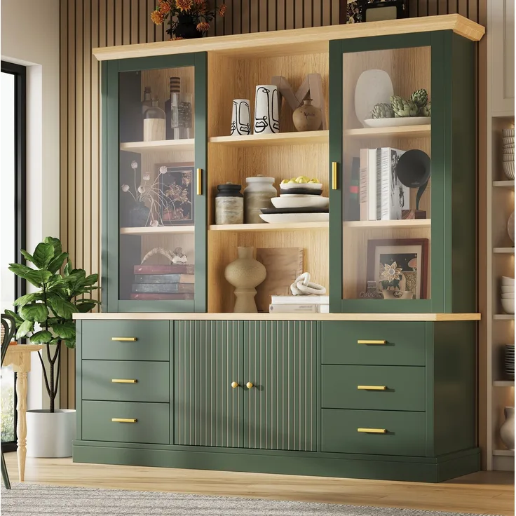 Hochschrank mit Glasvitrinen, 6 Schubladen & verstellbaren Böden, 140x40x185 cm, Grün