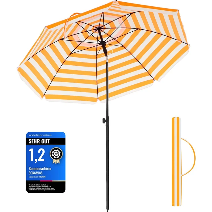 SONGMICS Sonnenschirm 160 cm, Sonnenschutz, UPF 50+, Strandschirm, beidseitig um 30° knickbar, höhenverstellbar, mit Tragetasche, Balkon, Garten, Strand, ohne Ständer, orange-weiß gestreift GPU60OW