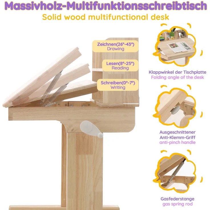 TavilaEcon Kindertisch Höhenverstellbarer Massivholz-Multifunktionsschreibtisch für Kinder natur 89–110,5 × 60 × 92 cm (H × T × B) – Bild 6