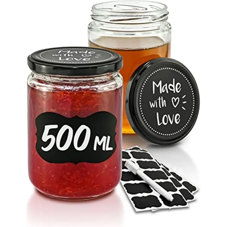 Praknu Einmachglas 12er - Set Einmachgläser mit Schraubdeckel 500 ml - Marmeladengläser, Glas, (Set, 12-tlg), Mit Etiketten & Stift - Luftdicht - Spülmaschinenfest
