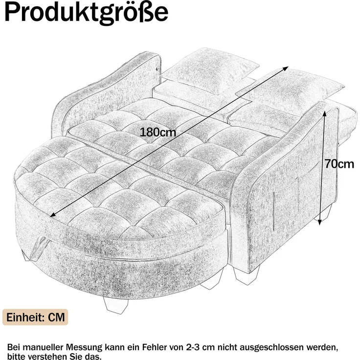 Multifunktionales Sofa, 2-in-5 Sofa-Bett mit Aufbewahrungs-Hocker atmungsaktiver Stoff für kleine Räume, Stoff und Eukalyptusholz, Black, – Bild 9
