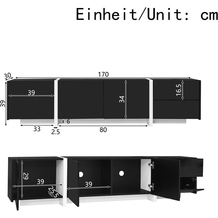 Eleganter TV-Ständer mit hochglänzendem Schwarz und weißen Beinen – 170 x 30 x 39 cm, 170x30x39 cm – Bild 9
