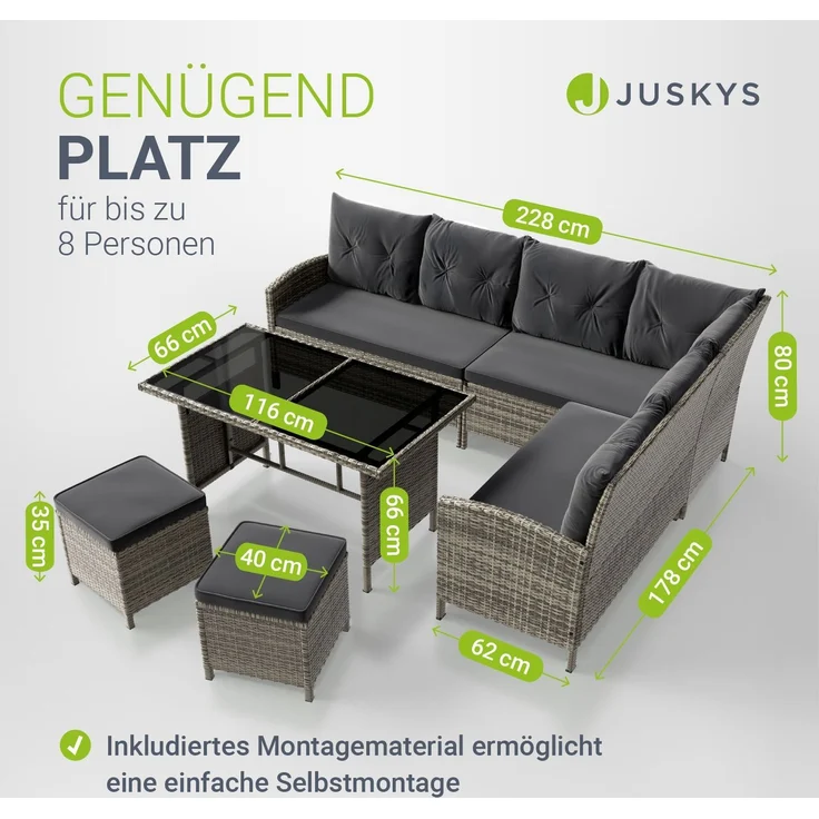 Juskys 'Manacor' Lounge mit Sofa, Tisch, 2 Hocker & Kissen, Polyrattan grau-meliert, 7 Personen – Bild 4
