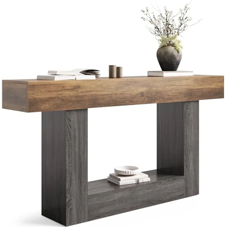 LITTLE TREE Konsolentisch, 160 cm lang, 2-stöckig, Bauernhaus-Sofatisch hinter der Couch, großer schmaler Eingangstisch für Wohnzimmer, Flur, Foyertisch aus Holz mit robuster Basis, rustikales Braun – Bild 9