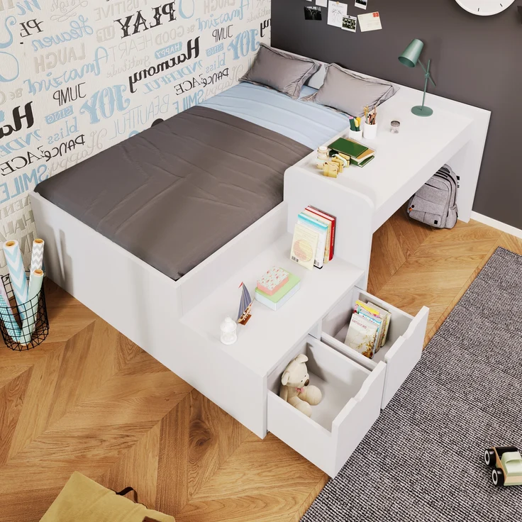 MODFU Kinderbett Schreibtischbett Funktionsbett für Kinderzimmer (Jugendbett, Lernbett, 1-tlg, 90 x 200 cm, Ohne Matratze), mit integriertem Schreibtisch und Schubladen – Bild 6