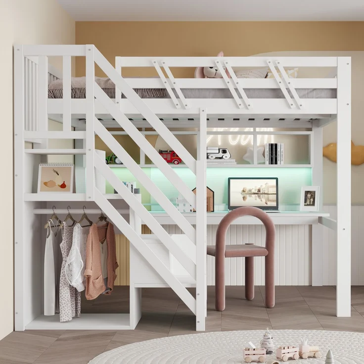 Rayofly-Massivholz Kinder Hochbett 140x200 cm, Stauraumtreppe, Schreibtisch, USB-Steckdose, LED-Licht, Jugend- und Einzelbett, H 140cm x T 200cm x B 140cm, Weiß – Bild 6