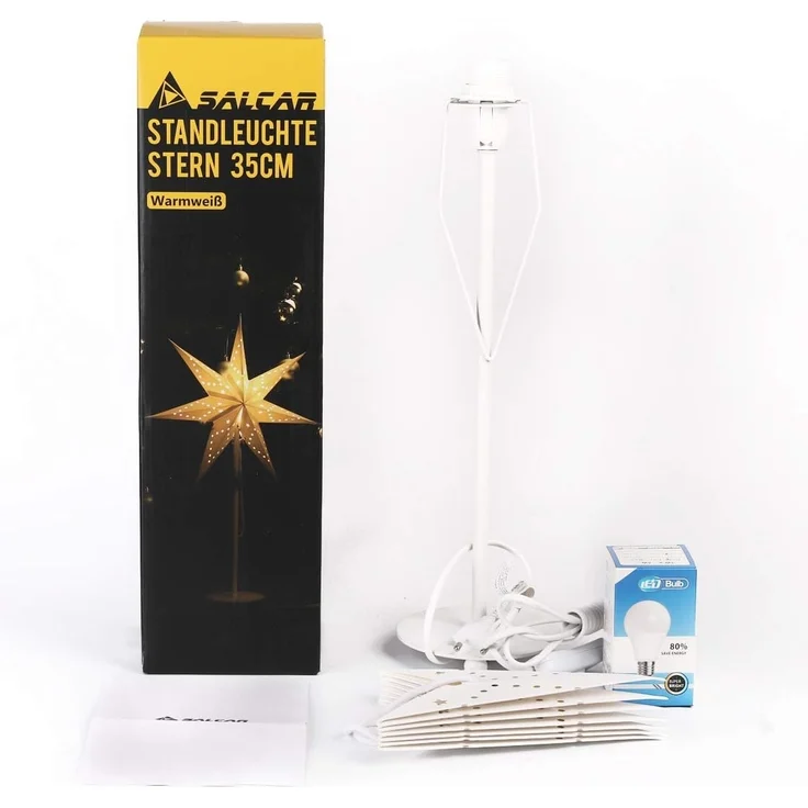 SALCAR LED Weihnachtsstern Beleuchtet Fenster 35cm, Papierstern Weihnachten mit E14 Lampe, 3D Leuchtstern Stehend Adventsstern mit Eisensockel Fuß, Weiß – Bild 6