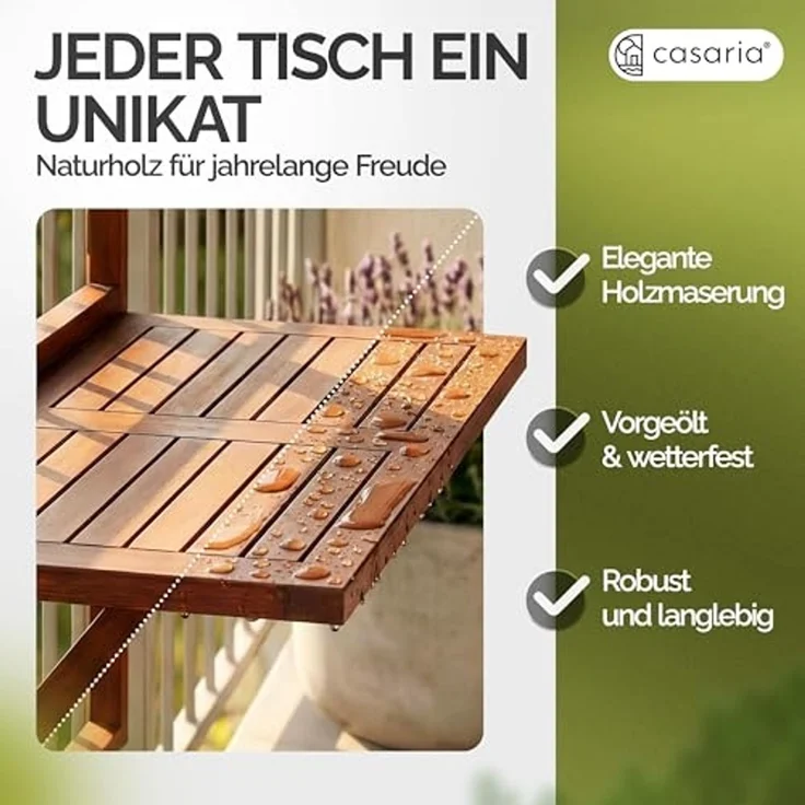 Casaria Balkontisch Balkonhängetisch Balkon Tisch klappbar Akazie Holz – Bild 7