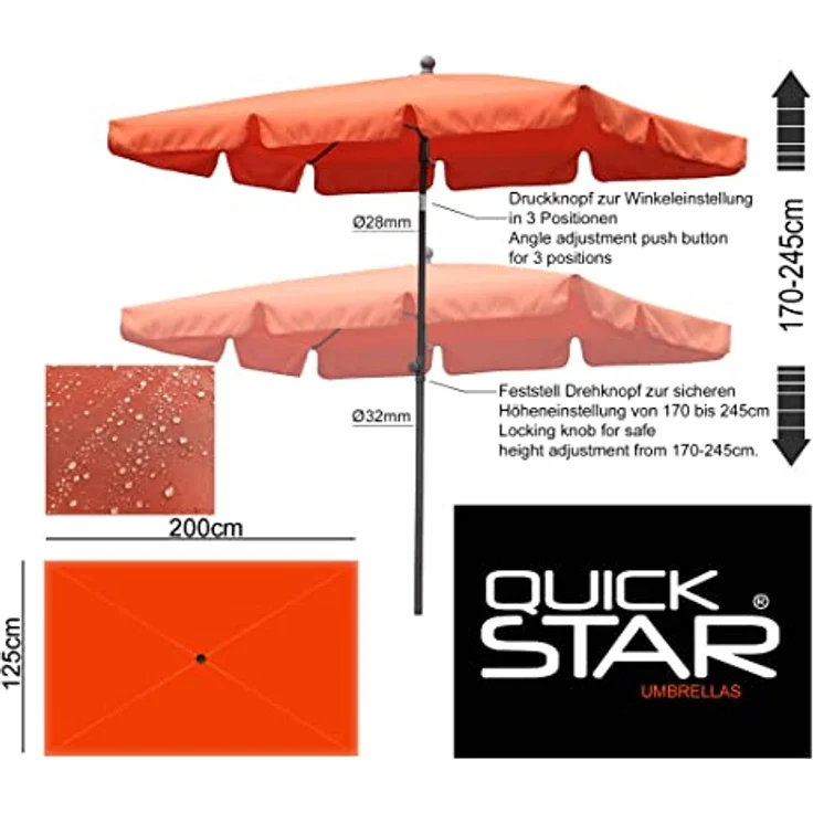 Quick Star Sonnenschirm Sonnenschirm 2x1,25m Rechteckig Terra, LxB: 125x200 cm, Abknickbar, Drehbar, Höhenverstellbar – Bild 3