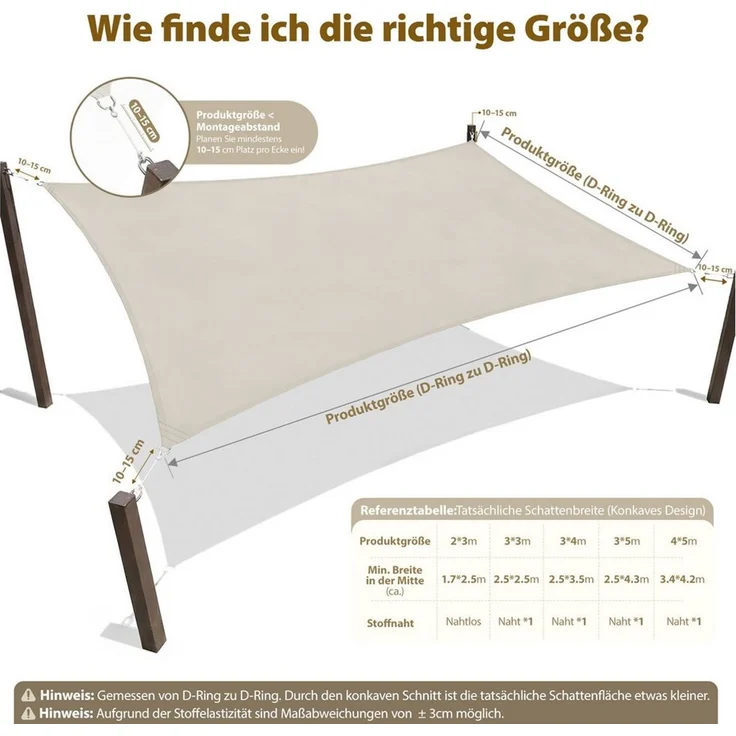 Sekey Sonnensegel Wasserdicht Rechteckig Sonnenschutz UV Schutz Balkon Terrasse Garten, BxT: 200 x 300 cm, Beige – Bild 3