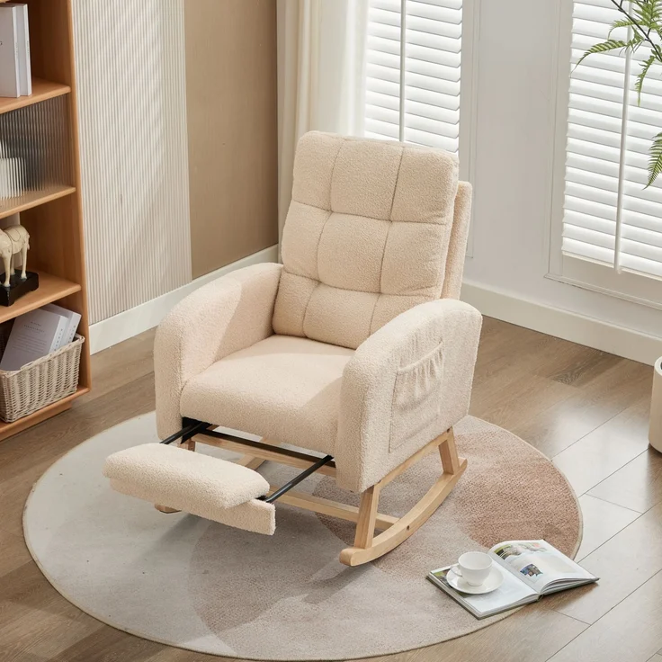 Schaukelstuhl Lammfell-Optik Beige mit hoher Rückenlehne und Armlehnen, ergonomischer Relaxsessel mit Massivholzgestell – Bild 2