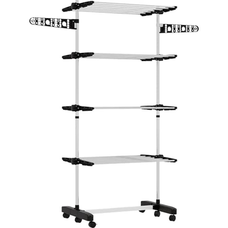 HOMCOM Wäscheständer Trockenständer mit Rollen, Wäscheturm für Indoor, Outdoor, Edelstahl, 142 x 55 x 172 cm, Schwarz – Bild 2