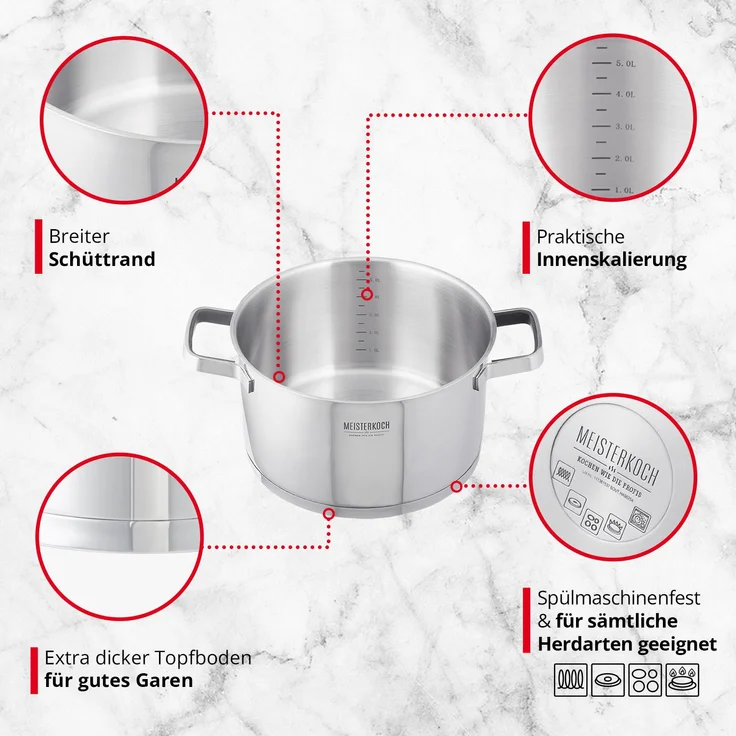 MEISTERKOCH Kochtopf Set komplett aus Edelstahl 4-teilig mit 16cm, 20cm, 24cm Ø Topf & 16cm Soßentopf mit Stiel, Glasdeckel mit Dampfloch, geeignet für Herdarten Induktion, Gas, Elektro & Glaskeramik – Bild 4