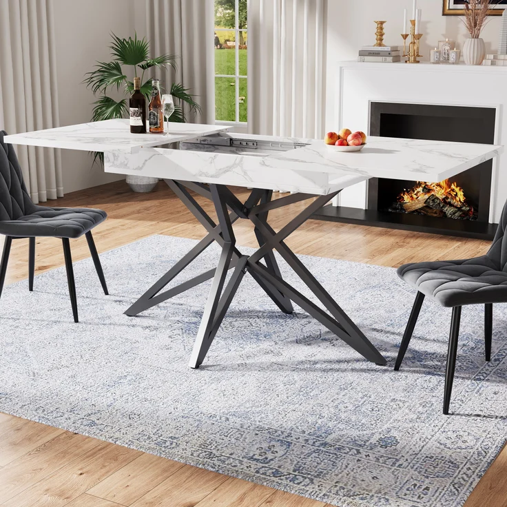 Ausziehbarer Esstisch, ausziehbarer Küchentisch, Frühstückstisch, sternförmige Tischbeine, Eisenbeine, Walnussholz/Marmorimitat, Schwarz, 120 (160) x 80 cm – Bild 3