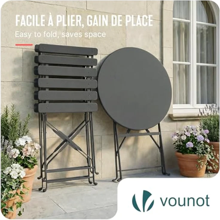 VOUNOT® Bistroset 3-teilig, Klappbar Bistrotisch mit 2 Stühlen, Metall Bistro Set Outdoor, Gartenmöbel Set, Sitzgruppe für Balkon, Terrasse, Garten & Wohnraum, UV- und wetterfest, Grau – Bild 7