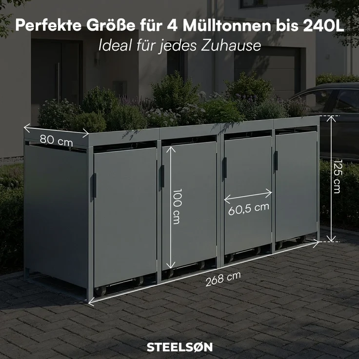 STEELSØN 'Thoria' Mülltonnenbox 4er je 240 Liter, anthrazit, Mülltonnenverkleidung aus Stahl, wetterfest, 125x80x268 cm, Müllbox mit Pflanzendach für 4 Tonnen – Bild 9