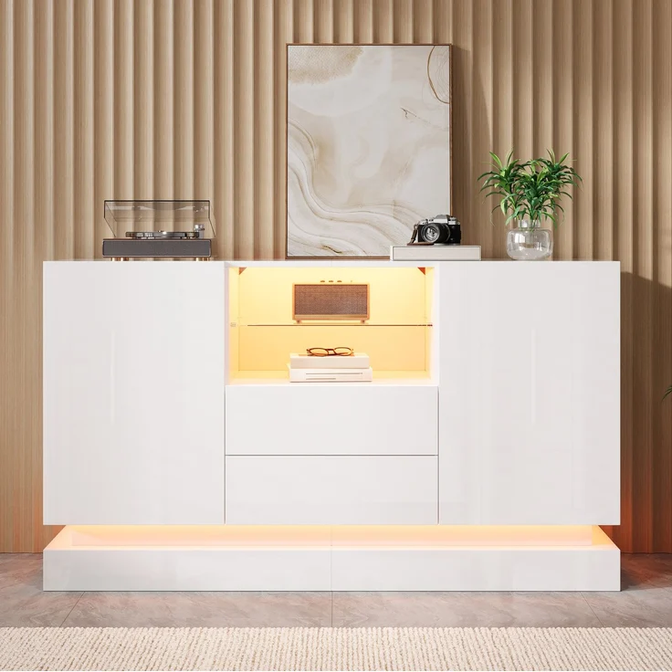 DESVIAE Sideboard Weiß aus Spanplatte – 140x80x40 cm – 2 Schubladen, LED-Beleuchtung – Bild 3