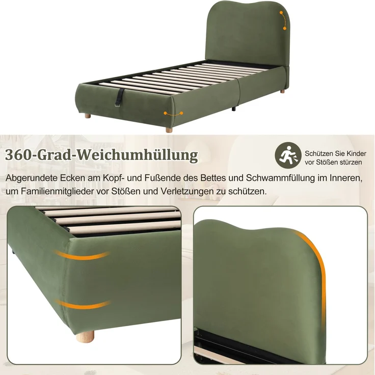 Kinder-Polsterbett aus Samt mit hydraulischem Stauraum, 90x200 cm, Grün, ohne Matratze – Bild 6